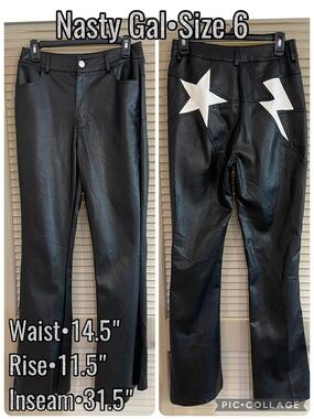 Nasty Gal Black Faux Leather Pants with White Star Appliqués